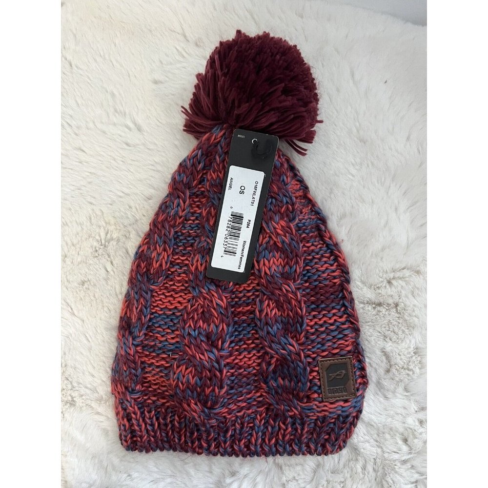 Orage  Women's OS Blue Red Loose Knit Beanie Hat Pom Pom New Winter Logo